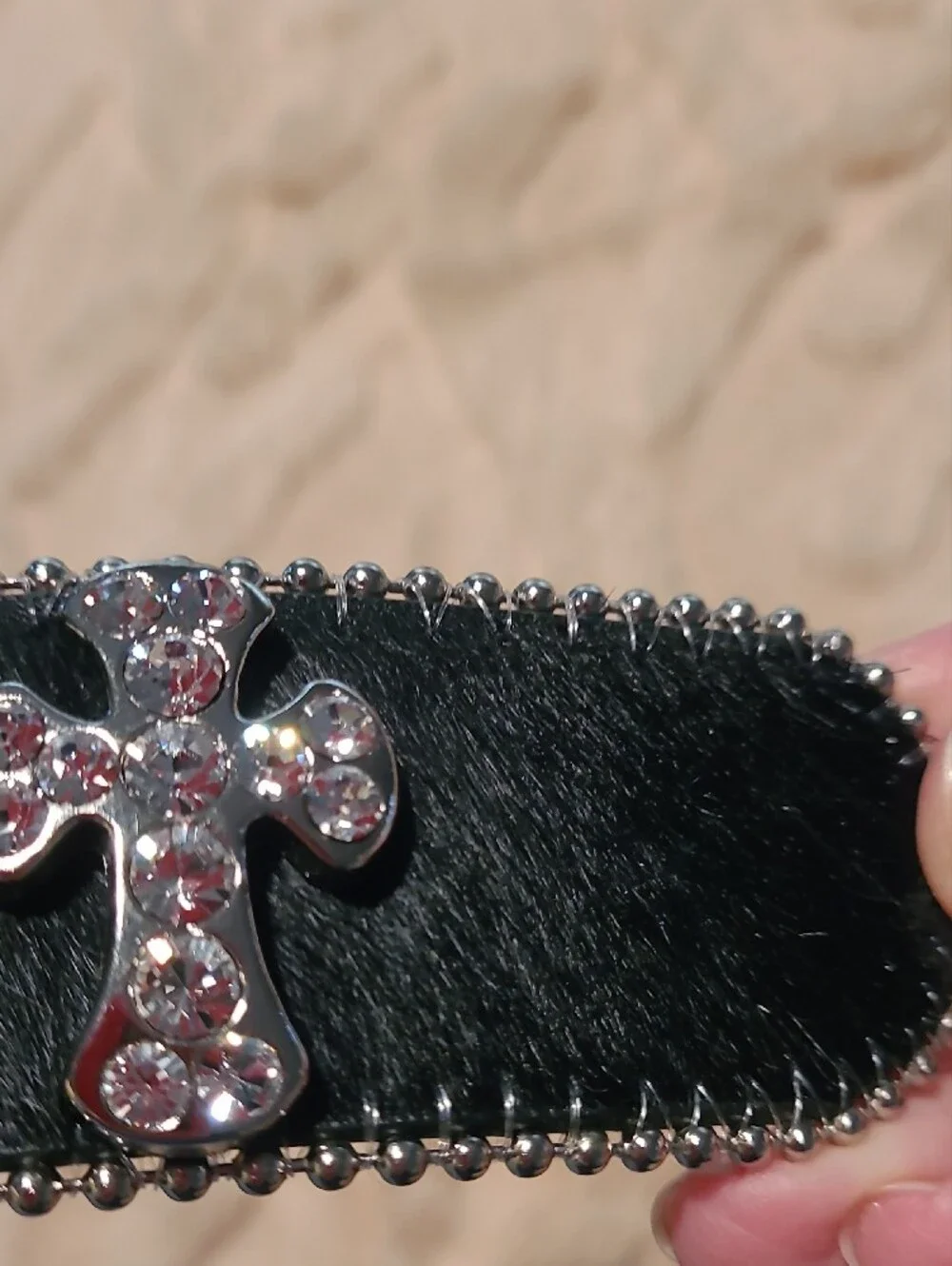 Black Cowhide Leather Belt With Silver And Crystal Cross Embellishments